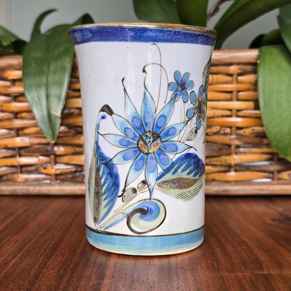 Vintage Tonala Tumbler Vase Blue Green Brown Floral Bird Artist Signed Pottery